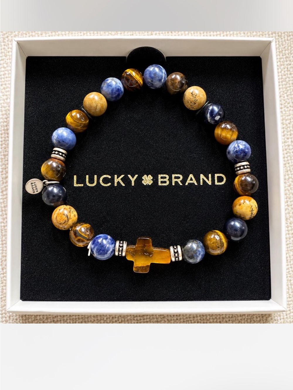 Lucky Brand Blue & Brown Beaded Bracelet with Cross Accent